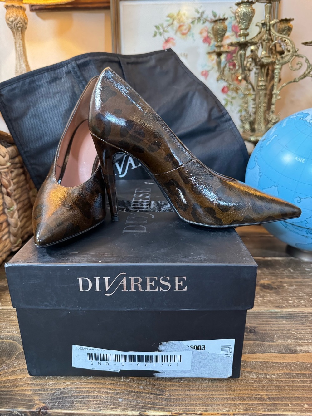 NIB Divarese Brown Leopard Patent Pointed-Toe Pumps
